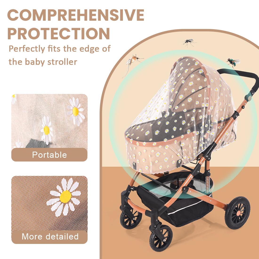 Tomedeks Anti-Mosquito net for Baby Stroller White Chrysanthemum Model 150-360cm,Baby Pram Net Portable Daisy Print Stroller Netting Cover Perfect Bug Net for Strollers,Bassinets. Mosquito Net - Image 4