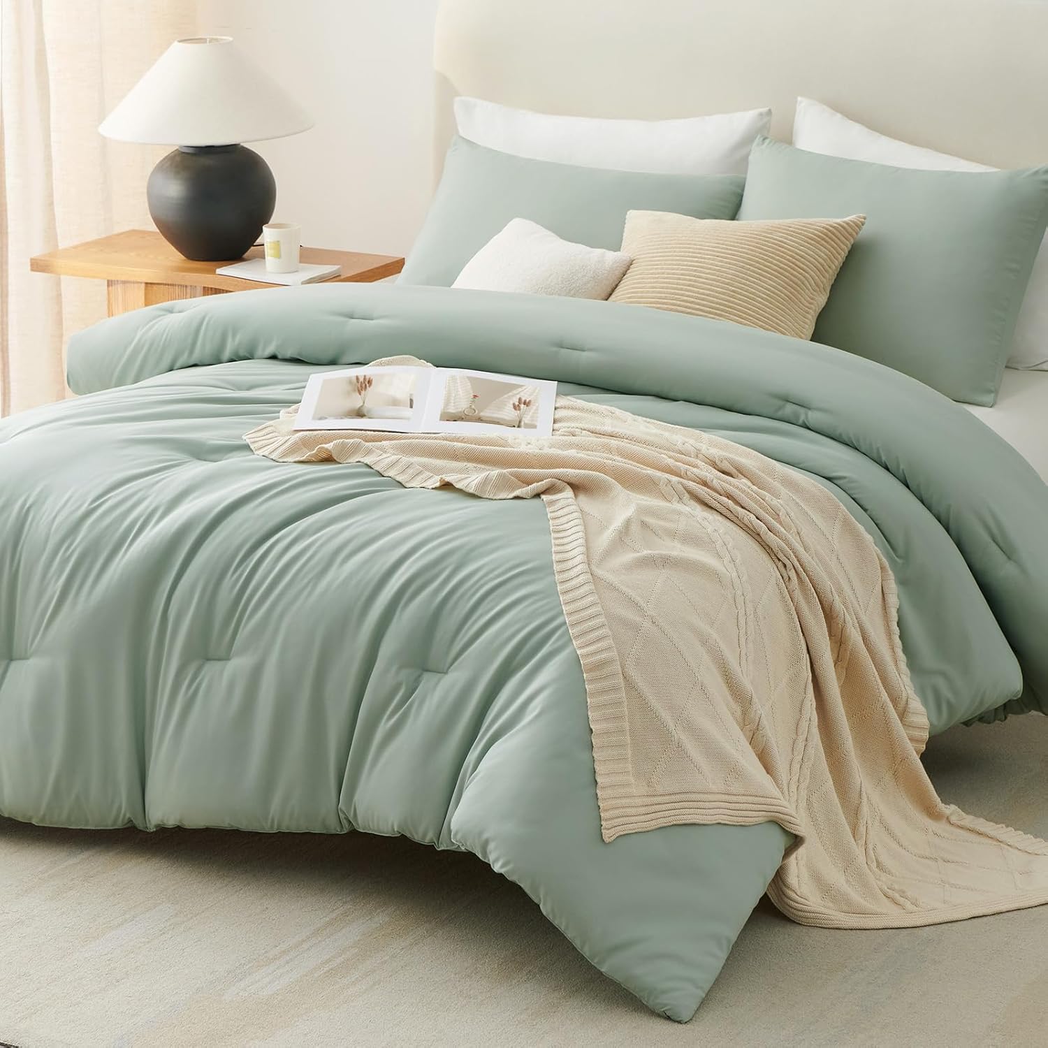 CozyLux Sage Green Queen Comforter Set, 3 Pieces Solid Breathable Quilted Bedding Sets, Luxury Fluffy Soft Bed Set with Down Alternative Comforter for All Season (1 Comforter & 2 Pillowcases) - Image 7