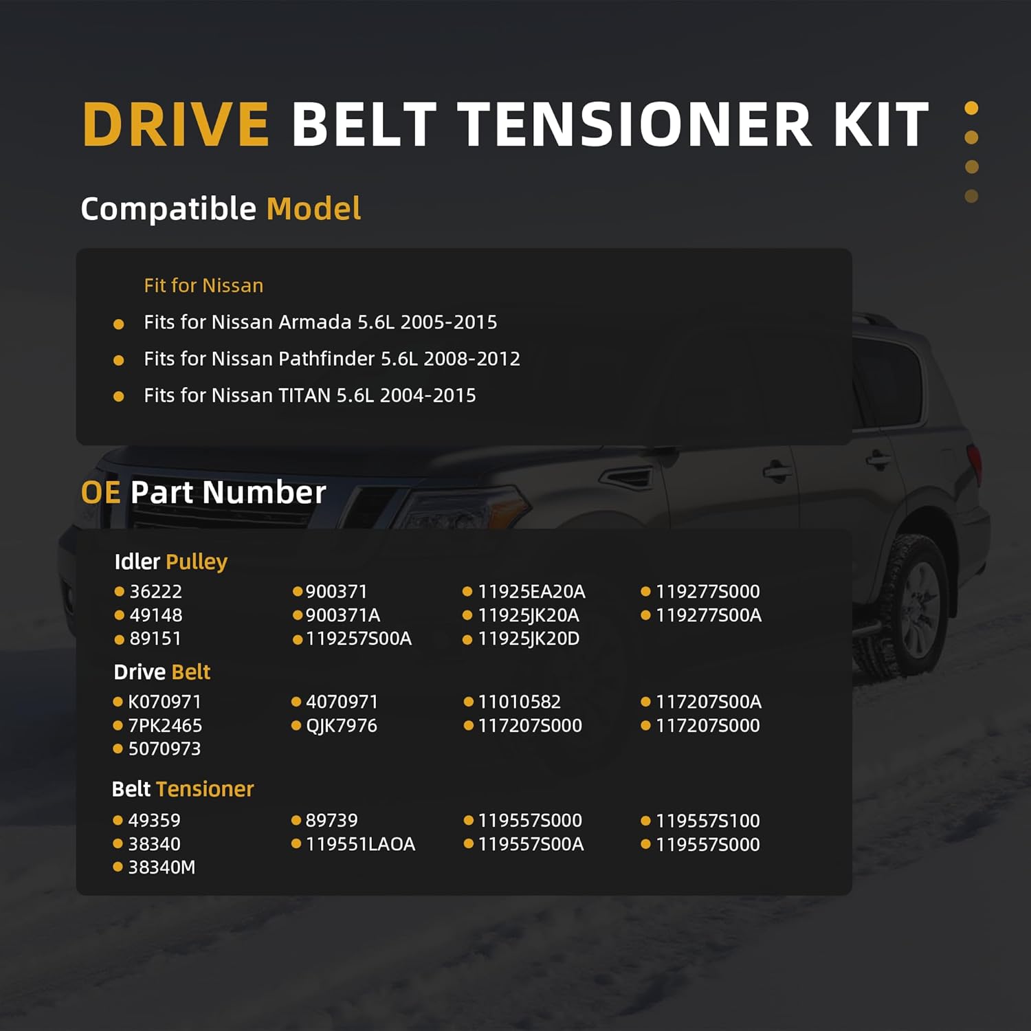 Belt Tensioner and Idler Pulley&Drive Belt Assembly Kit, Fits for Nissan Armada 2008-2015, for Pathfinder 2008-2012, for Pathfinder Armada 2004 for Titan 2004-2015#OE 38340 36222