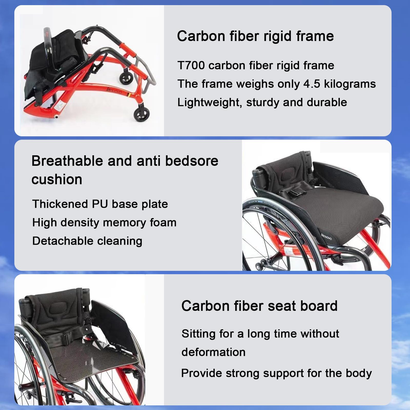 Sportowy wózek inwalidzki, lekki, składany, samobieżny wózek inwalidzki z deską i osłoną z włókna węglowego, wózek inwalidzki terenowy z hamulcami ręcznymi i tylnymi kołami szybkiego zwalniania