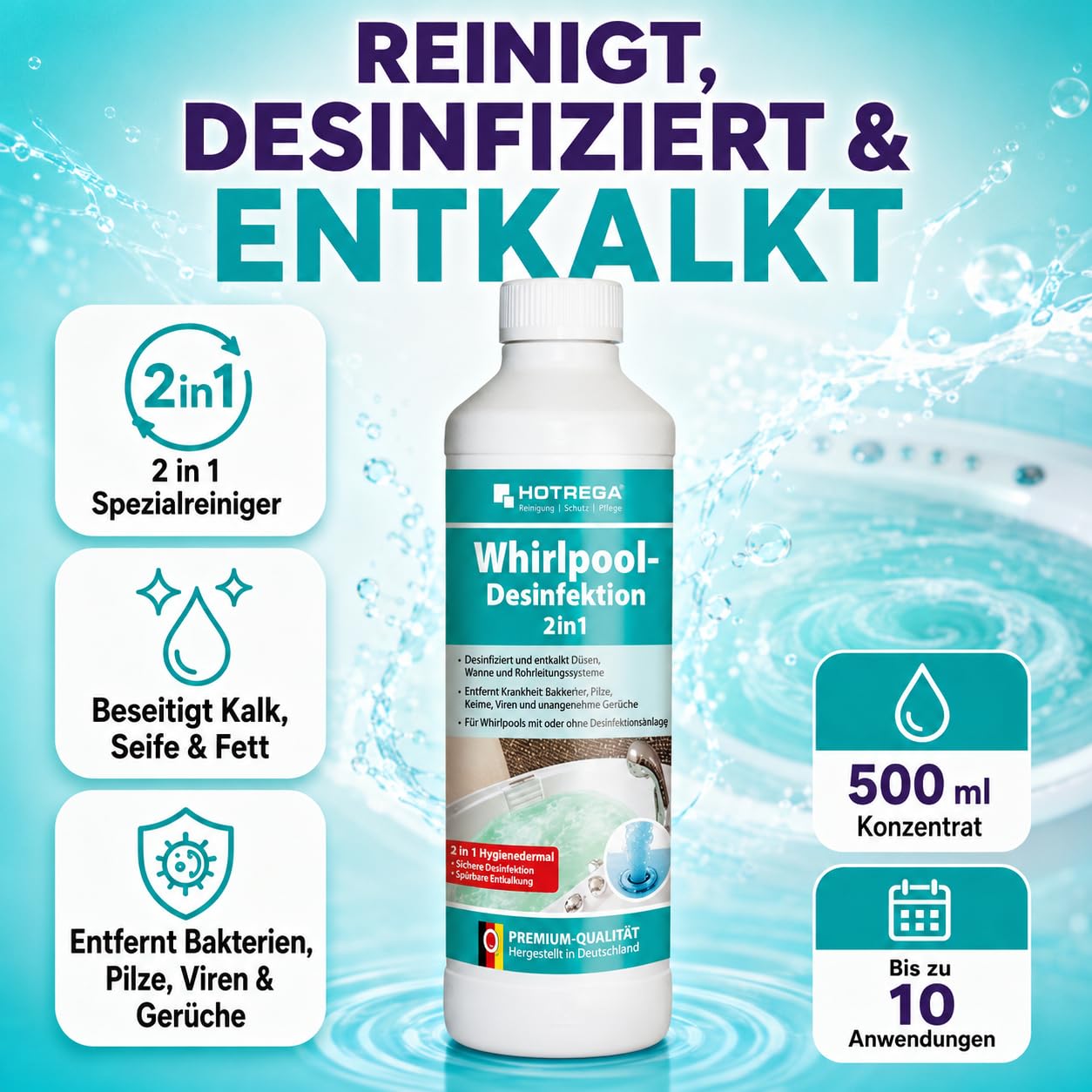 HOTREGA Whirlpool Desinfektionsmittel 2x 500ml | Biozid Entkalker & Pflege | Whirlpool Reiniger für Düsen, Wannen & Leitungen | Gegen Bakterien & Viren | Effektive Whirlpool Desinfektion | 1L Set