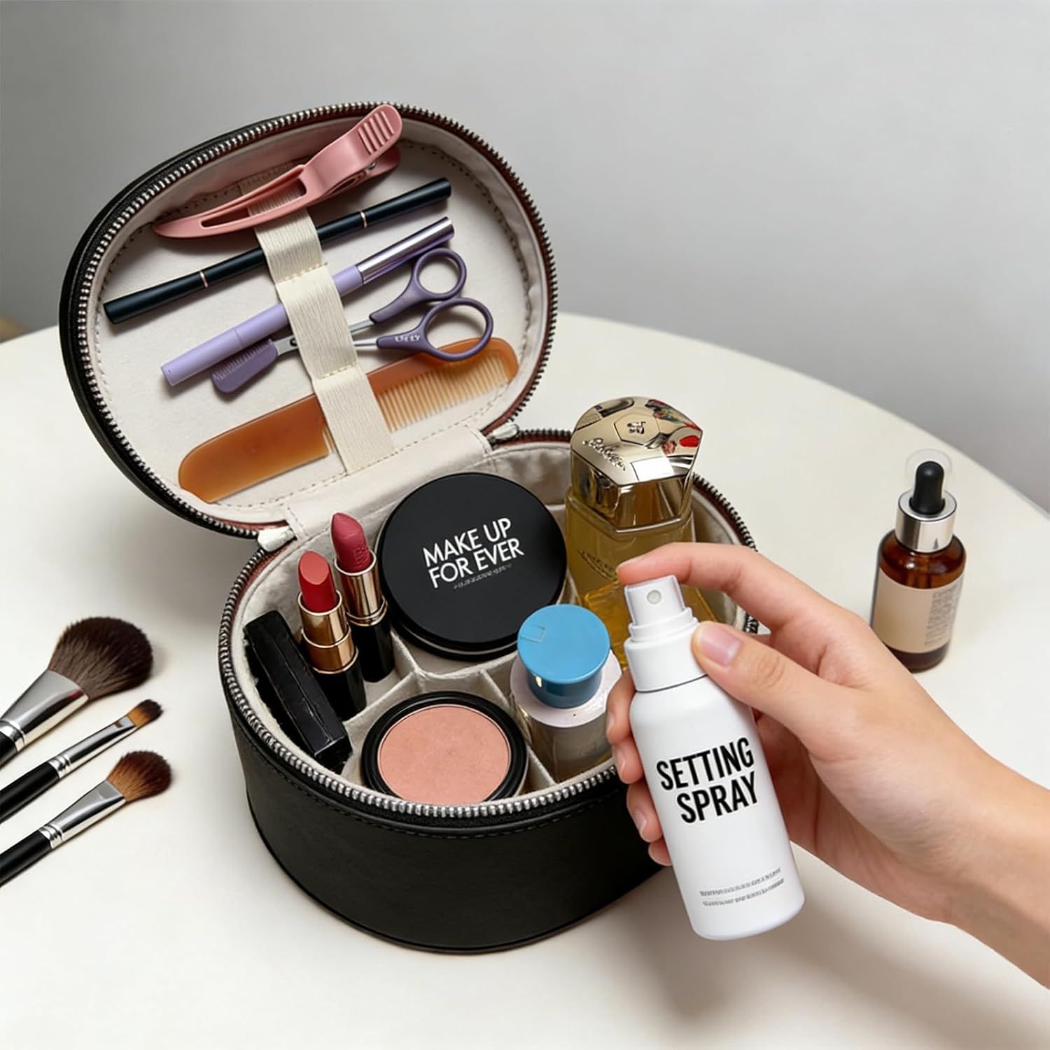 Round Leather Makeup Bag - Waterproof Travel Cosmetic Organizer with Compartments, Small Vanity Case for Women (Black)