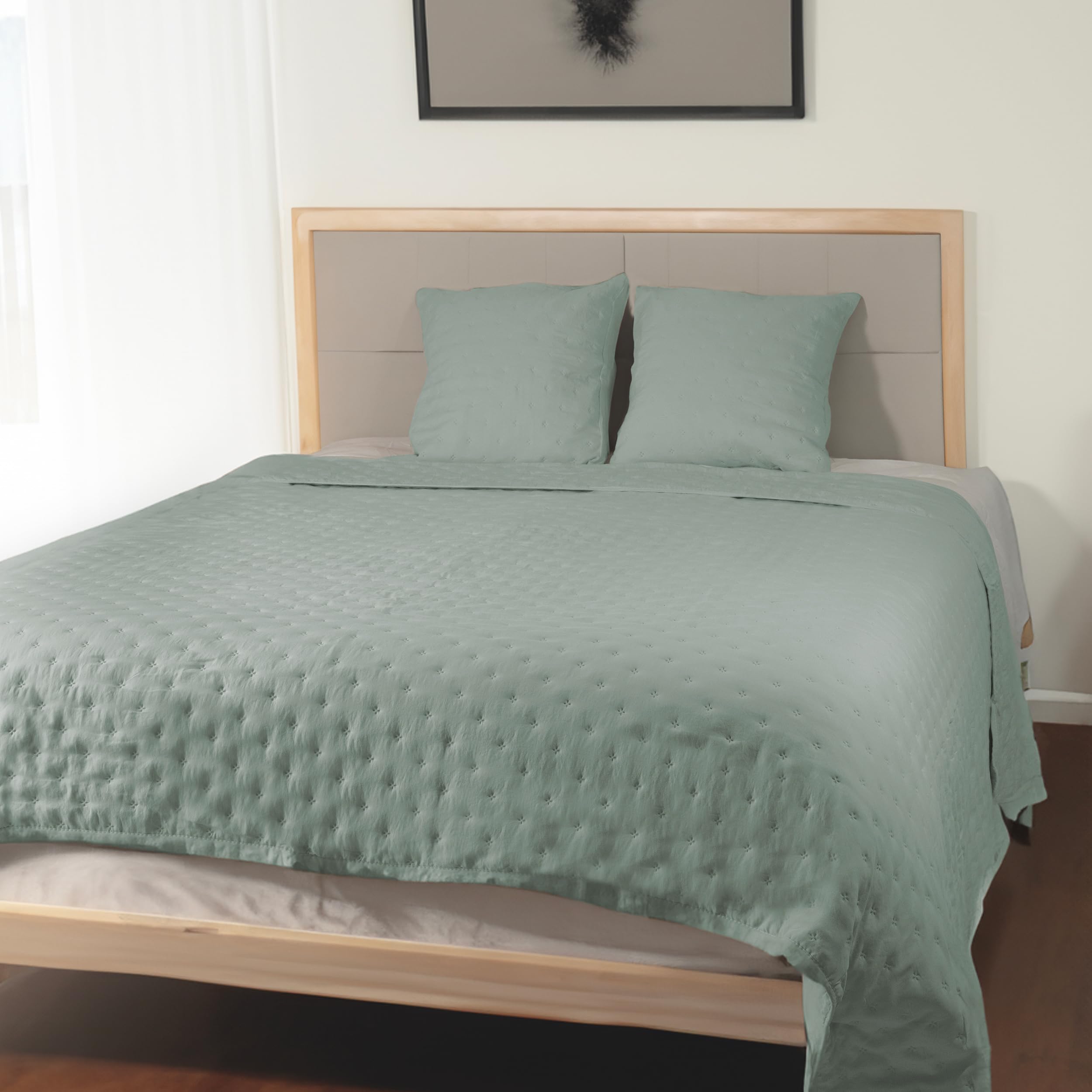 BESCH Colcha Monet Fina Reversible para Primavera, Verano 100% Microfibra Multiuso - Cubrecama Extra Suave Incluye 2 Fundas de Cojín 50x50cm | Cama 140/150/160-250x250cm Verde