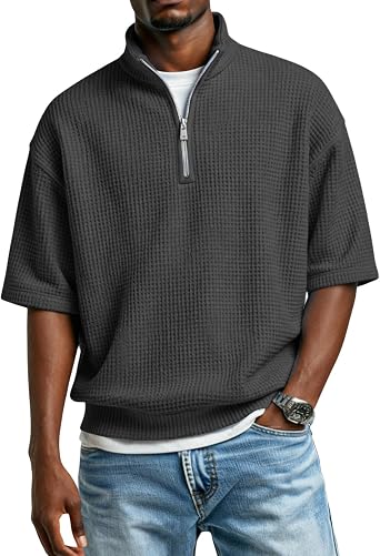 Mens Shirts Casual Stylish Summer Polo Tshirts Waffle Quarter Zip Short Sleeve T Shirts