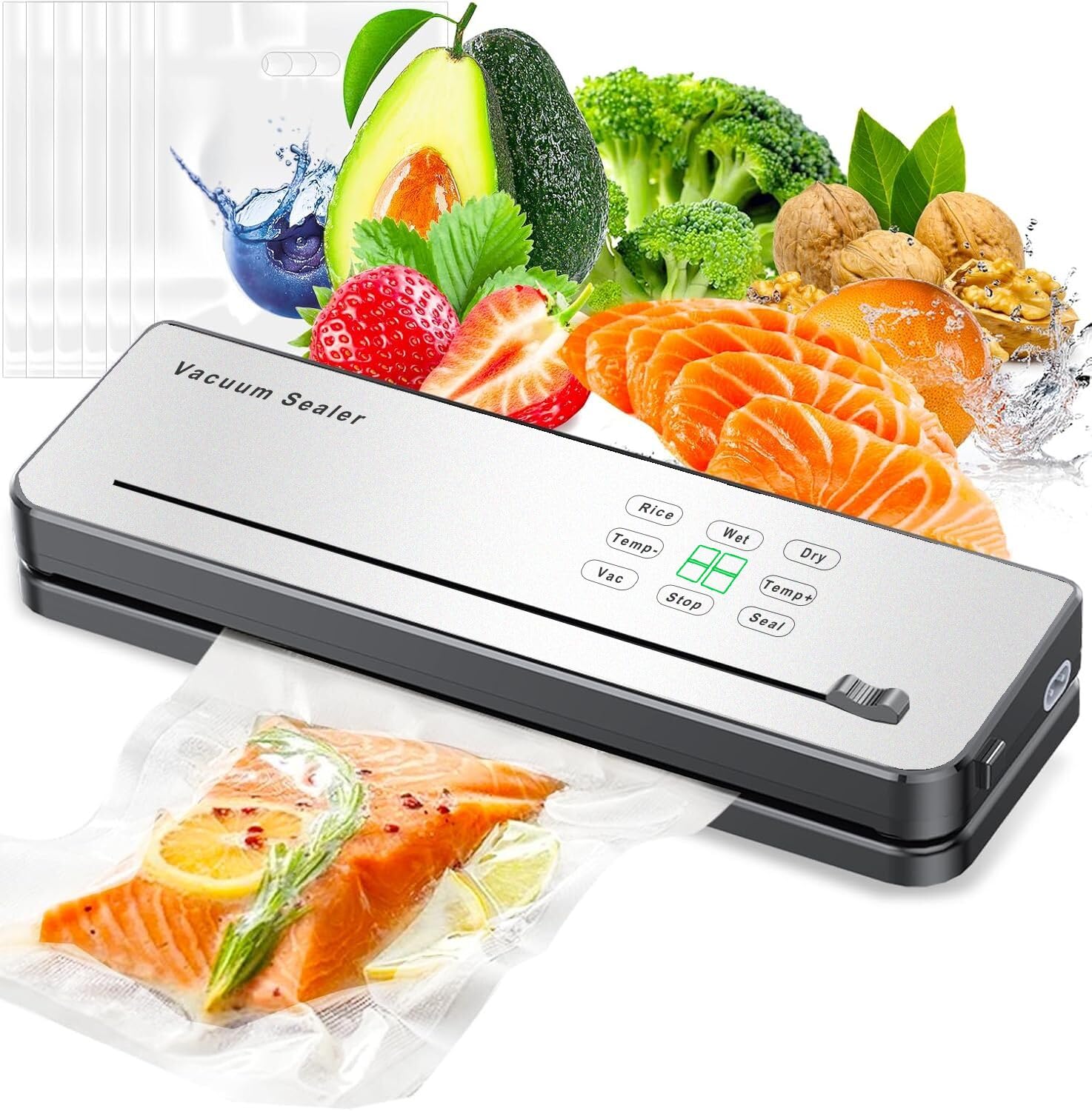Machine Sous Vide Alimentaire ESoundvol 8 en 1 Avec Contrôle de la Température, Coupe-Aliments Intégré et Affichage LED Visible Pour la Conservation des Aliments Secs et Humides Avec 10 Sacs Sous Vide