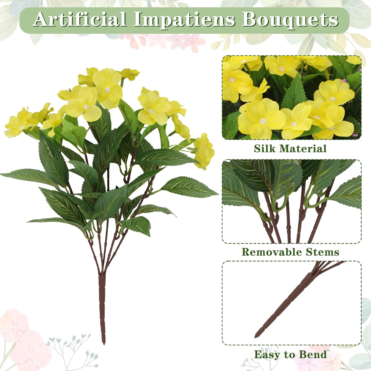 Coreland 12 Pcs Artificial Flowers Artificial Impatiens Fake Stems Faux Silk Flowers Bulk Wildflowers for Wedding Bridal Bouquet Party Home Kitchen - Yellow