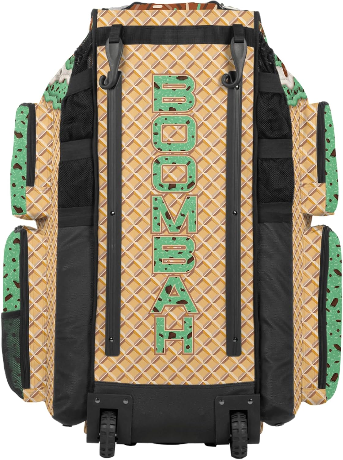 Boombah Superpack XL Rolling Bat Bag - 35.5" x 13.5" x 10" - Telescopic Handle - Holds 8 Bats - Wheeled Version - Ice Cream Mint Chocolate Chip Gold/Mint/Texas Orange