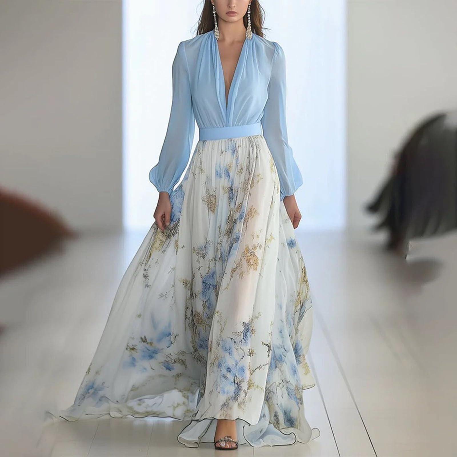 Vestido largo de verano con mangas para mujer, elegante, floral, acampanado, para invitada de boda, vestido de noche, vestido de cóctel, vestido envolvente, cuello en V, vestido de flores