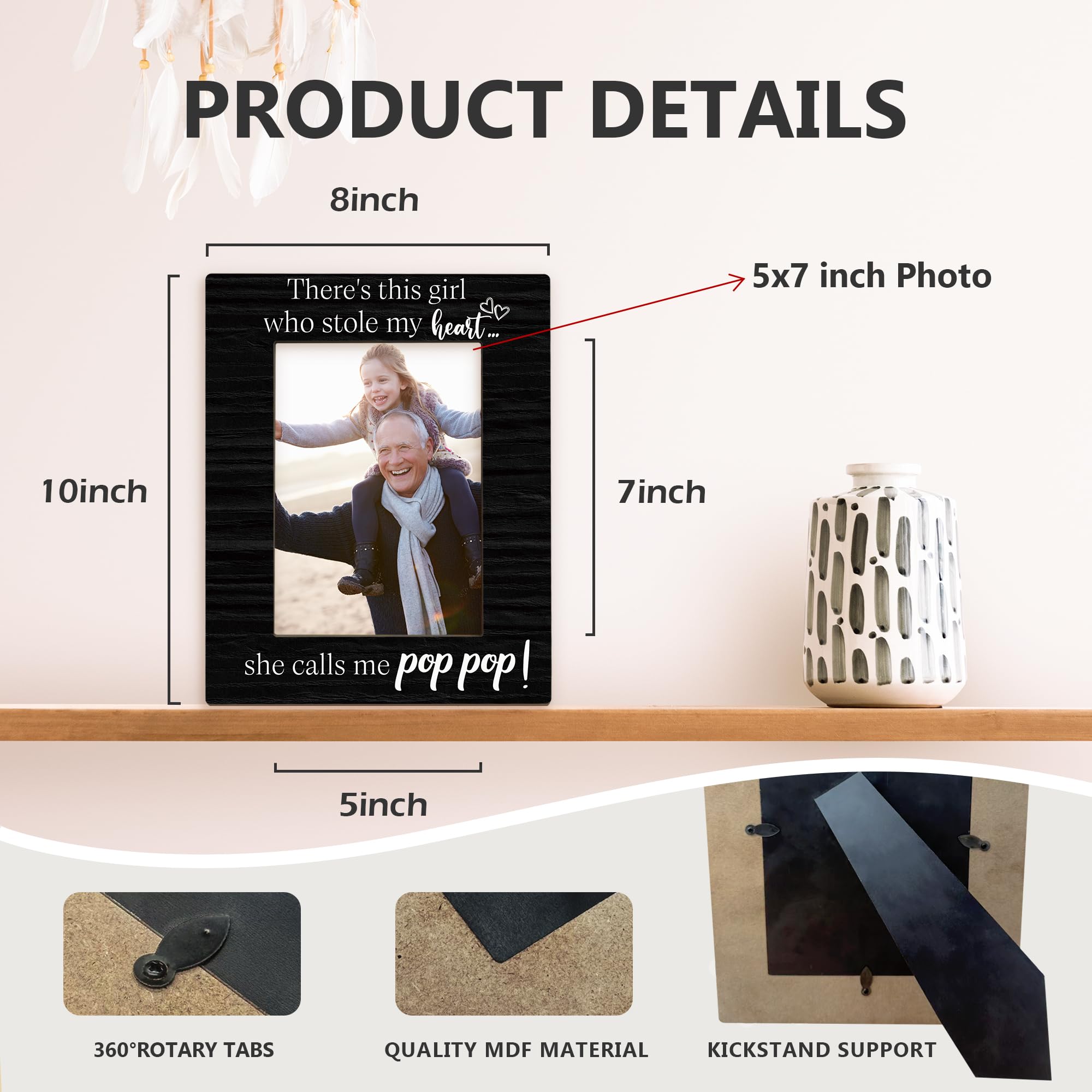 Pop Pop Gifts Picture Frame 5x7, Grandpa Photo Frame, Fathers Day Christmas Birthday Gifts for PopPop Grandpa, She Calls Me PopPop Black Wooden Picture Photo Frames for Desk Home Room Decor