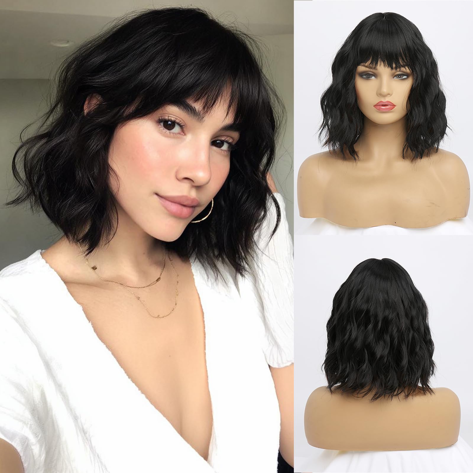 YaissmyLu Short Black Wig With Bangs Bob Wigs for Women Synthetic Natural Hair Medium Length Wig Water Wave(12 Inch)