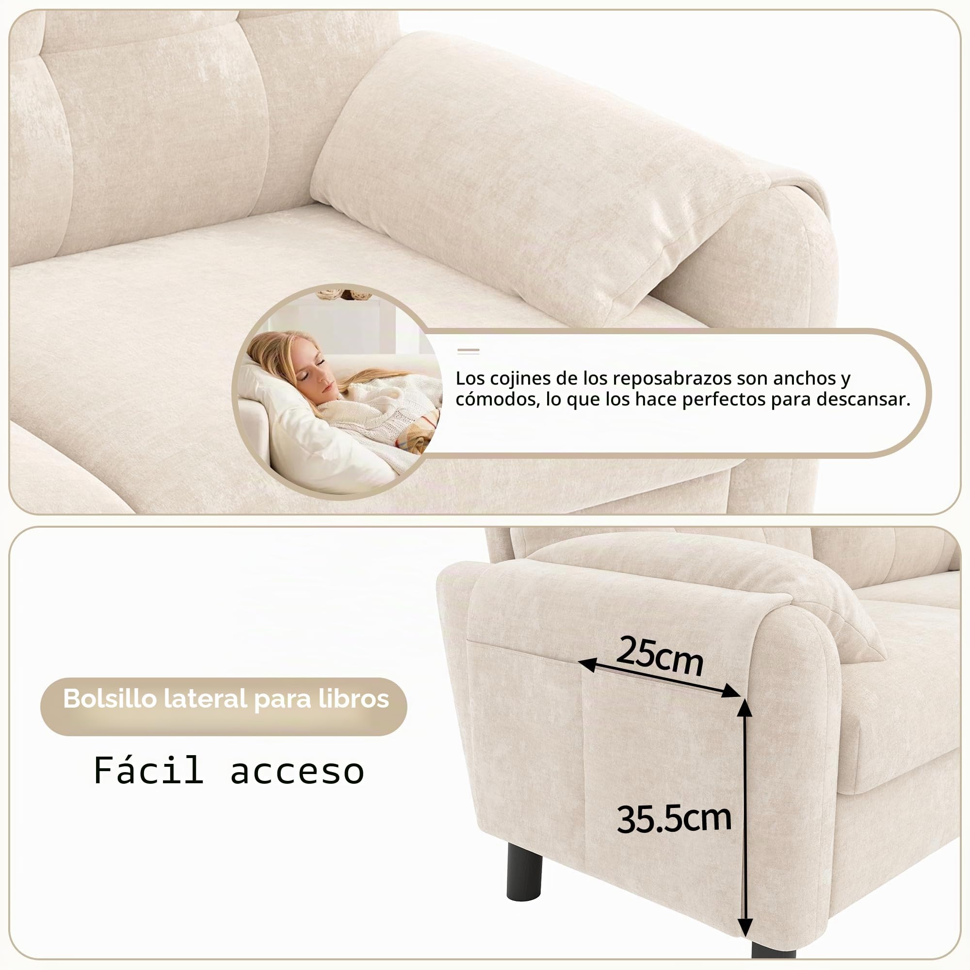 Sofá moderno de 2 plazas tapizado de tela de chenilla con cojines gruesos, sofá para salón, dormitorio, apartamento pequeño, tapizado en color beige