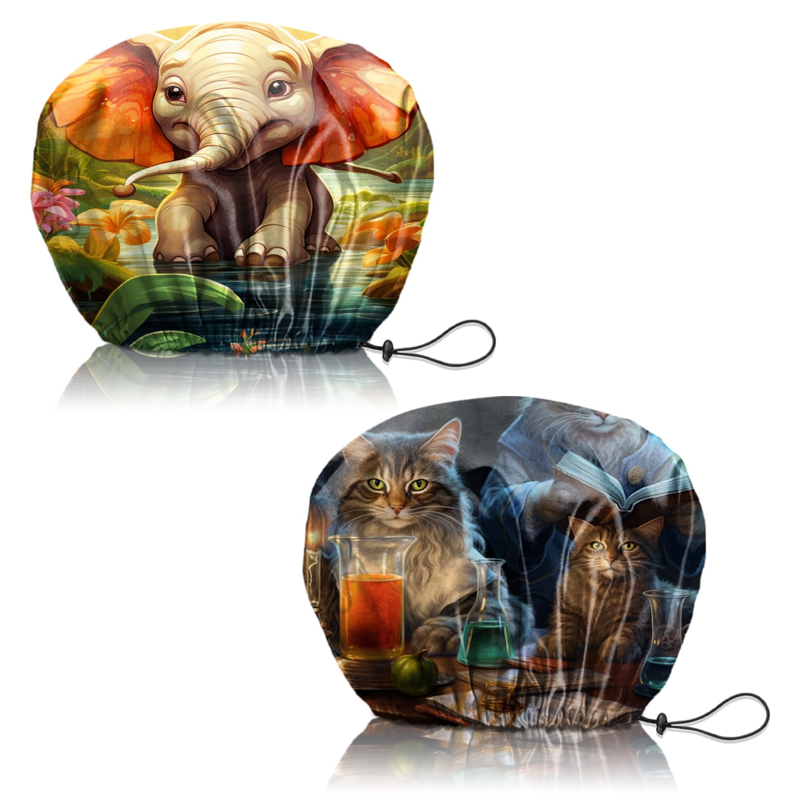Deokke 2 PCS Shower Cap Reusable Large Waterproof Adjustable Double Layer Elastic Dry Hair Bathing Caps Aesthetic Cute for Women Girls (Q6-Elephant Cat)
