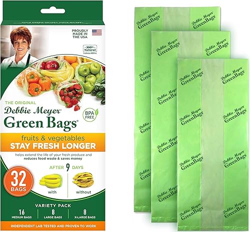 Debbie Meyer GreenBags - Paquete de 32 (16M, 8L, 8XL) Mantiene frutas, verduras y flores cortadas, frescas durante más tiempo, reutilizable, sin