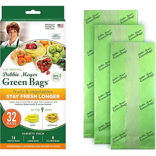 Debbie Meyer, GreenBags 32-Pack (16M, 8L, 8XL) | Reusable Storage Bags Keeps Fruit, Vegetables, Produce, Cut Flowers Fresh Longer, Kitchen & Fridge Preservation Solution, BPA Free, Made in the USA