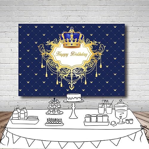 Miniatura 5 de Fondo de fotos de feliz cumpleaños azul y dorado para niño, corona de príncipe pequeño, decoración de fiesta, pancarta para fotografía de 7 x 5 pies
