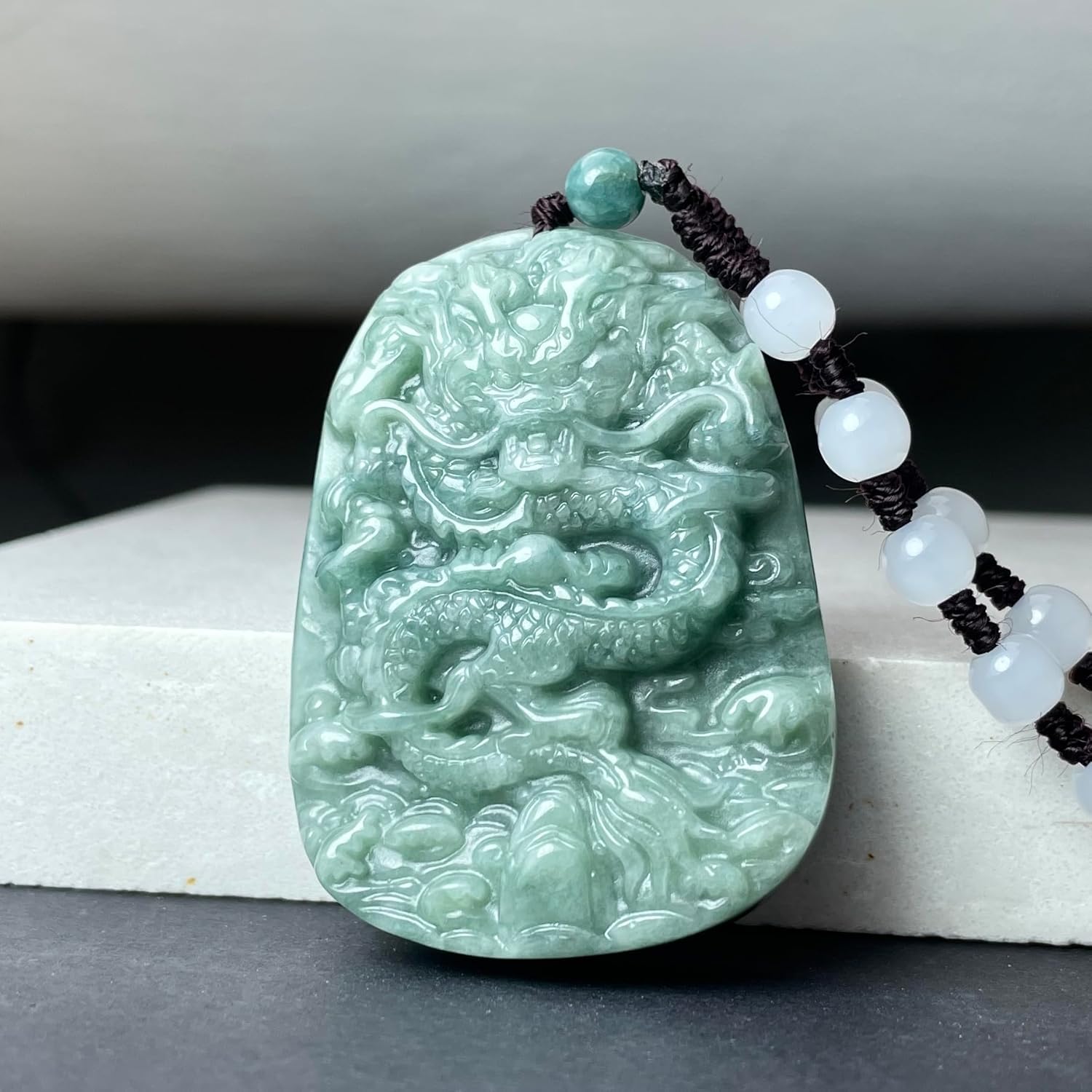 Real Jade Dragon Necklace, Big Green Jade Year of Dragon Pendant Status Charm, Chinese Lunar New Year Lucky Jewelry Gift, Men Women, Silver Chain