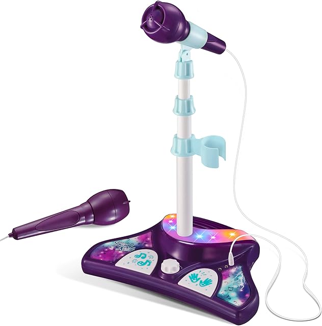 Karaoke Machine for Kids, 2 Microphones, Speaker And Adjustable Stand, Gifts for girl & Toddlers, Sing Along Mini Microphone With Music, Flashing Lights & Pedals, Gift for Girls Ages 3 4 5 6 Years Old