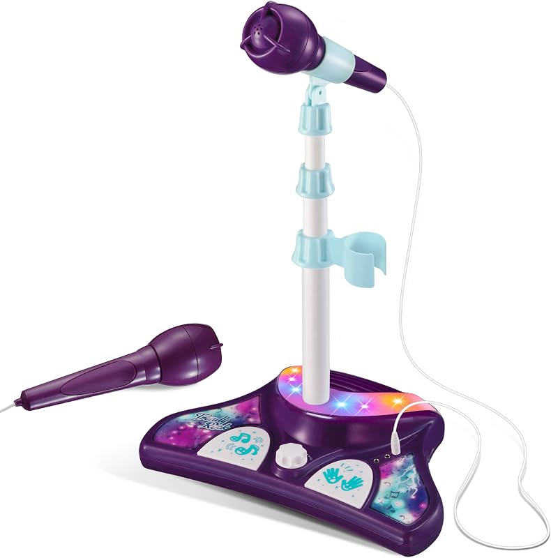 Kids Karaoke Machine, 2 Mics, Adjustable Stand & Lights | AUX Port for Music Sing-Along, Stage Pedals for Fun Sound Effects