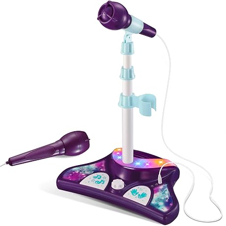 Little Pretender Kids Karaoke Machine with 2 Microphones and Adjustable Stand,AUX Port, Music Sing Along with Flashing Stage Lights and Pedals for Fun Musical Effects