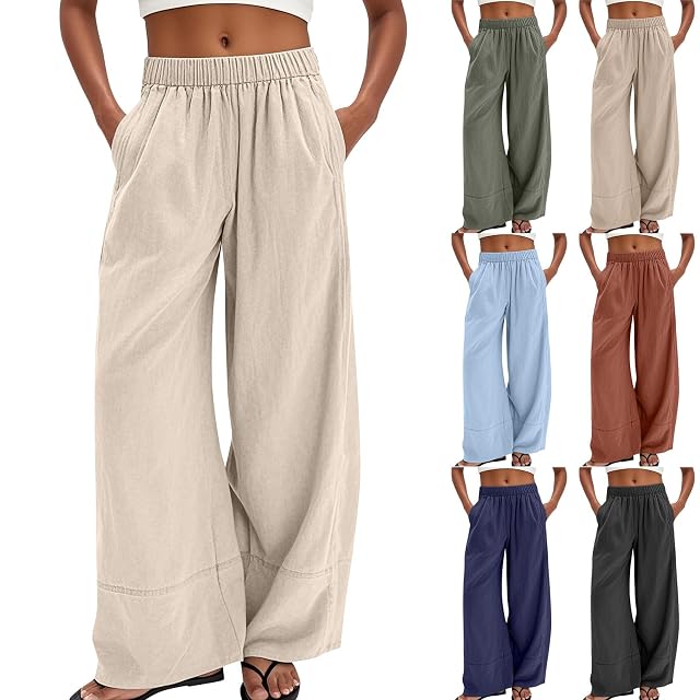 Womens Cotton Linen Palazzo Pants Summer Baggy Casual Wide Leg Pants High Waisted Flowy Lounge Trousers with Pockets