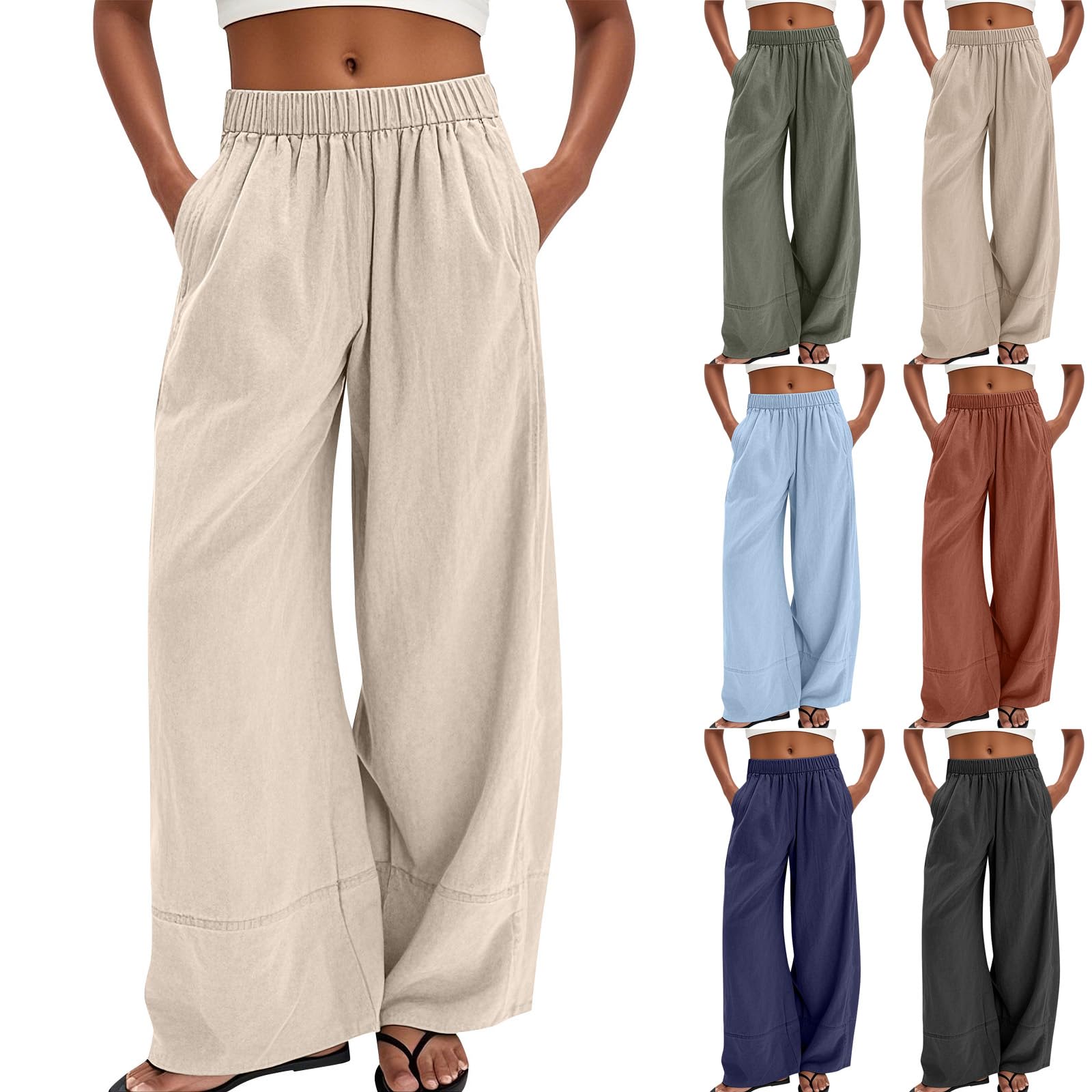Womens Cotton Linen Palazzo Pants Summer Baggy Casual Wide Leg Pants High Waisted Flowy Lounge Trousers with Pockets