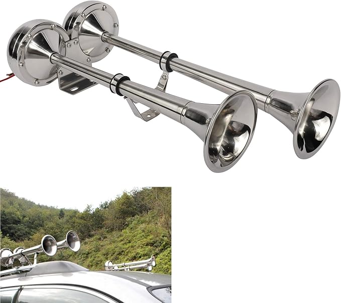 WerkWeit Dual Boat Horns 12V Marine Boat Trumpet Horn Polished Stainless Steel