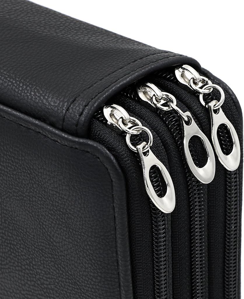 BTSKY Deluxe PU Leather Pencil Case For Colored Pencils - 120 Slot Pencil Holder with Handle Strap Handy Colored Pencil Box Large(Black)
