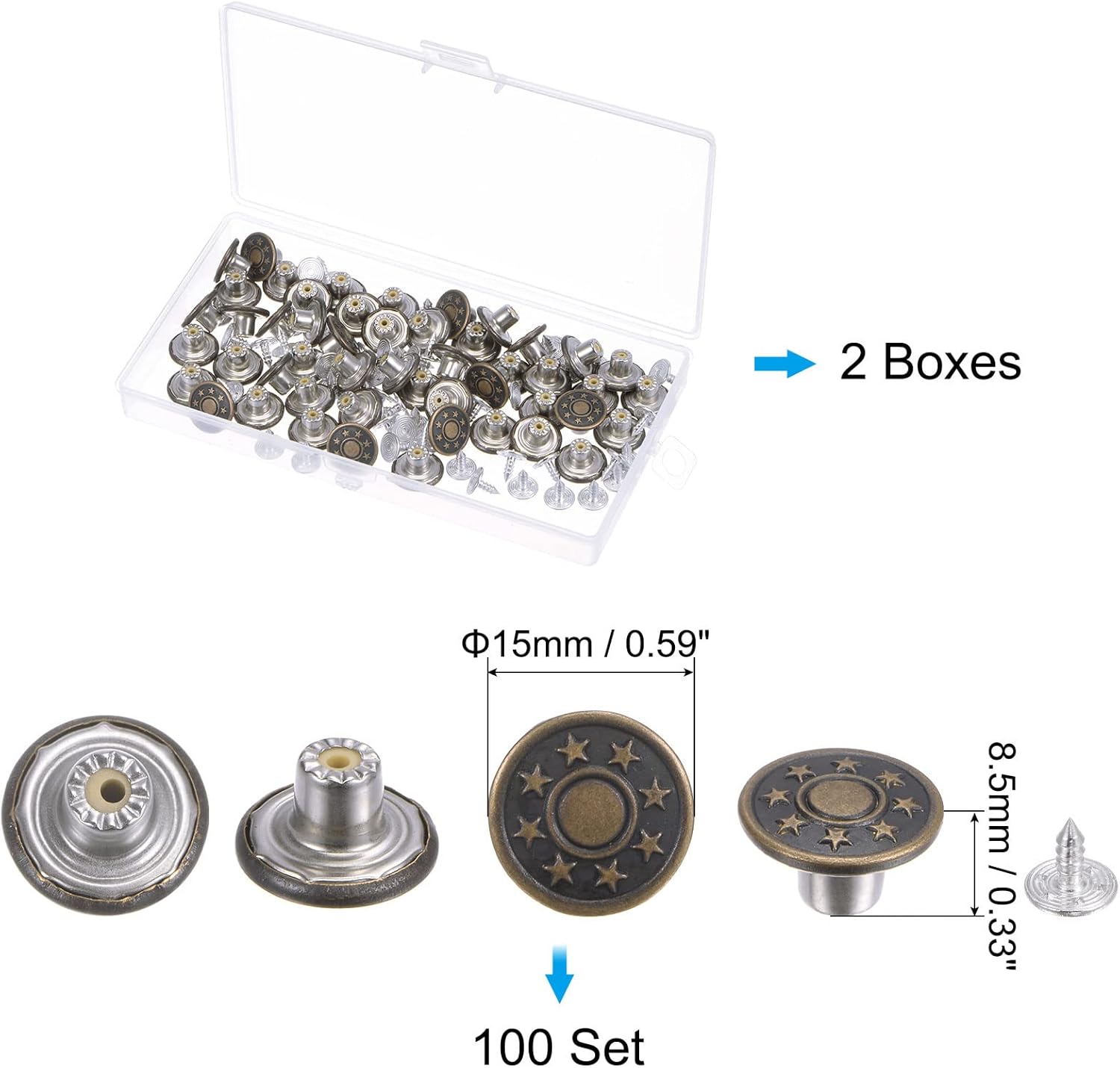 HARFINGTON 100 Sets Button Pins for Jeans, 15mm No-Sew Removable Instant Adjustable Replacement Metal Embossed Pattern Denim Jeans Buttons Pins Tightener for Pants Bags Hats, Bronze