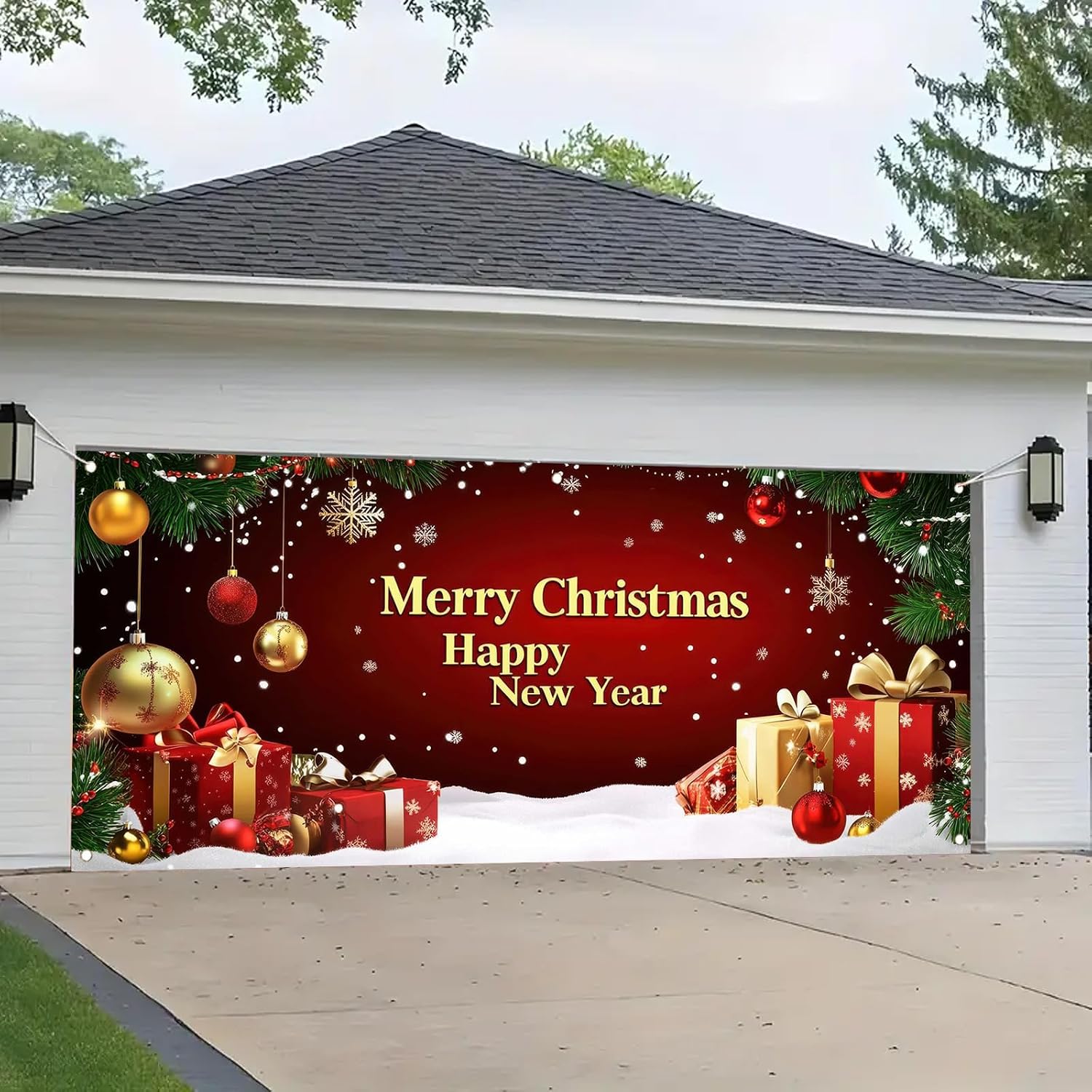Christmas Garage Door Banner 6 x 13 ft Large Red Merry Christmas Happy New Year Garage Door Cover Gifts Ornaments Snowflakes Pine Branches for Home Holiday Party Wall Decoration