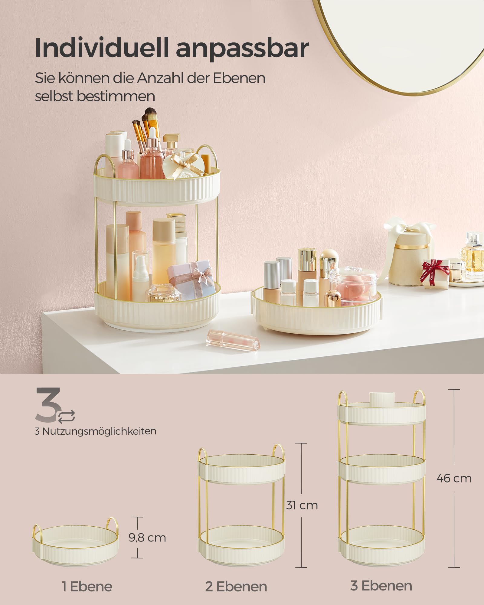 SONGMICS Make-up Organizer drehbar, Kosmetik-Organizer rund, 3 Ebenen, Kosmetik Aufbewahrung, anpassbar, für Schminktisch, Geschenkidee, wolkenweiß JKA011W01