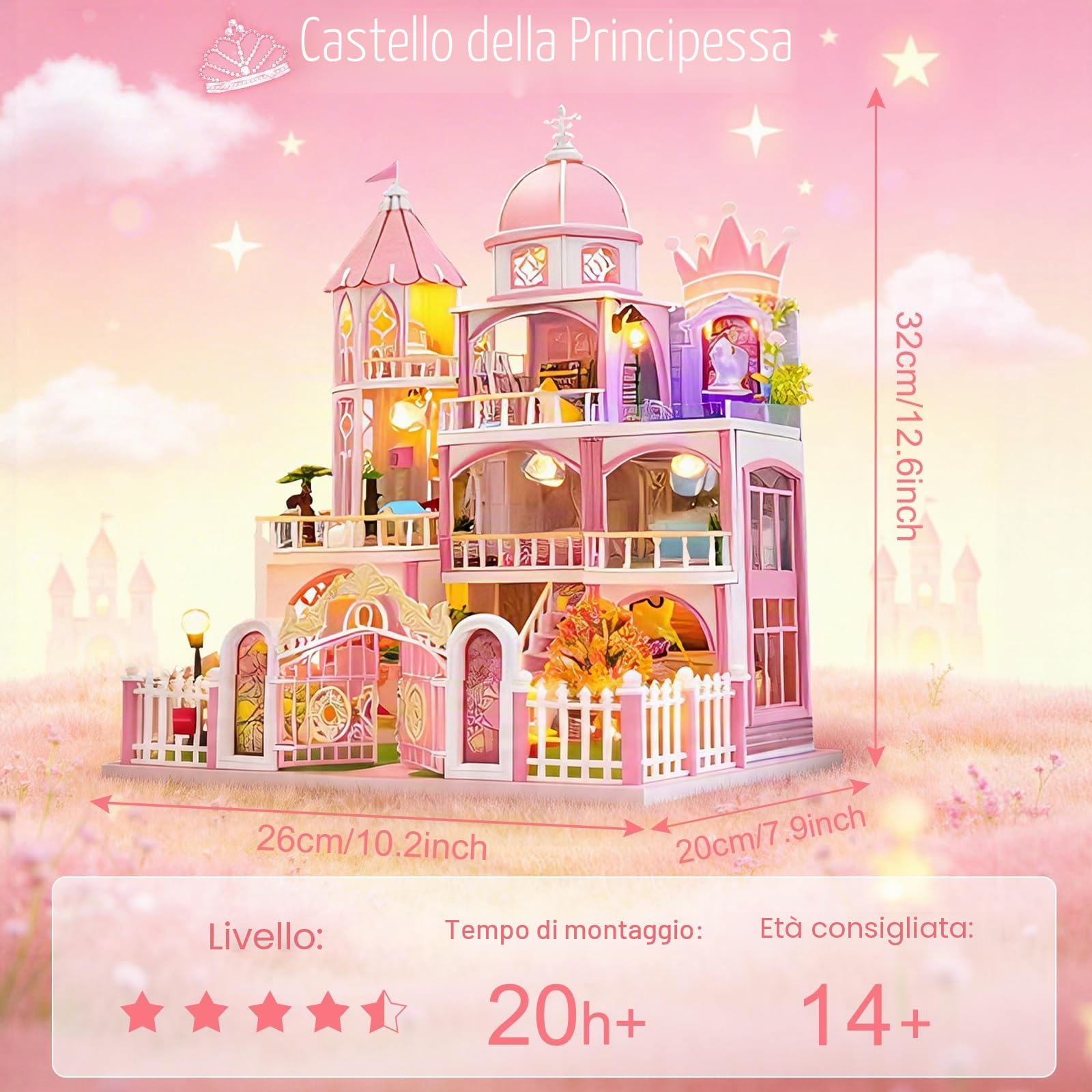 Cuteefun Casa delle Bambole con luce LED, Artigianato in Legno Unico, Adatto per Adulti e Adolescenti, Costruite la Casa dei Vostri Sogni, Compleanno Regali di Natale (Castillo de Princesa) | Casa delle bambole in legno per adulti, costruisci la tua casa