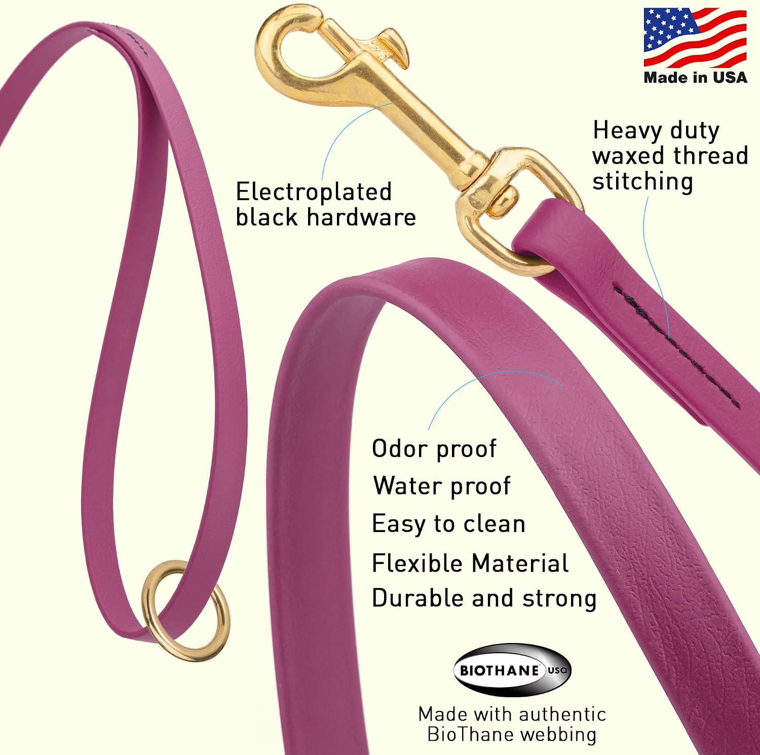 Viper Biothane K9 Working Dog Leash Waterproof Lead for Tracking Training Schutzhund Odor-Proof Long Line with Solid Brass Snap for Puppy Medium and Large Dogs 6ft, Magenta Pink
