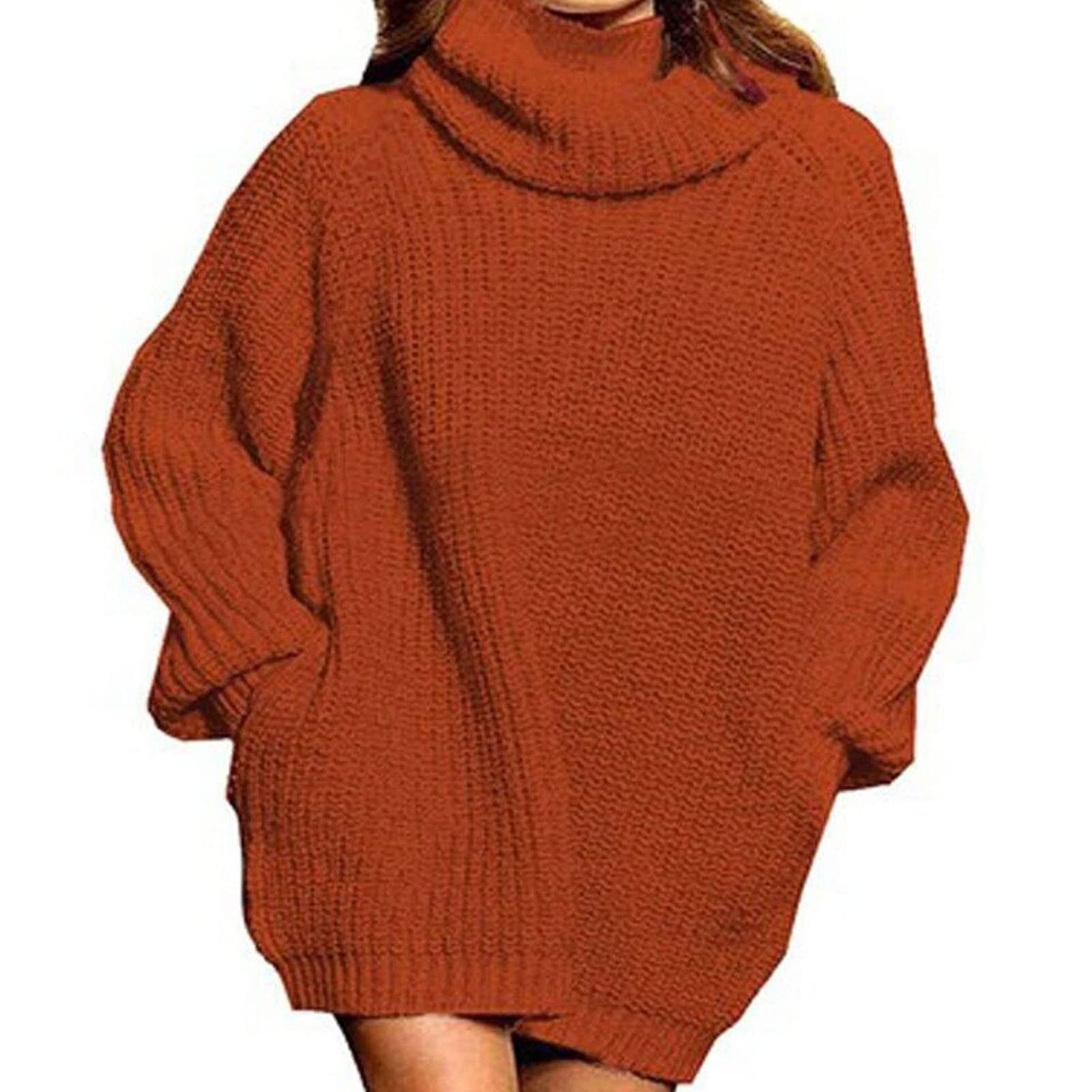 Robe Pull à col roulé Robe Pull à Manches Longues Pull à Col Roulé Robe Femmes à Manches Longues Surdimensionné Décontracté Pull en Tricot Pull Hauts pour L'automne Hiver(XL-Rouge brunâtre)