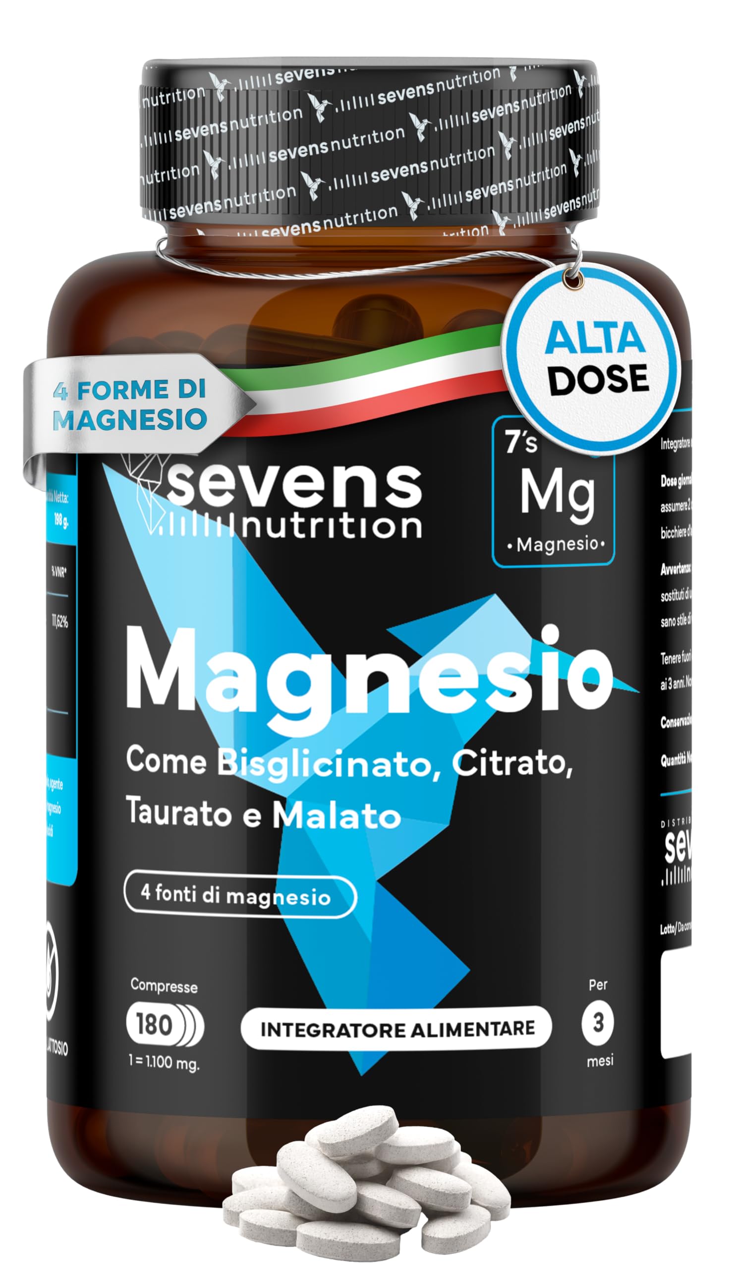 418 mg di magnesio da citrato, bisglicinato, malato e taurato in 180 compresse