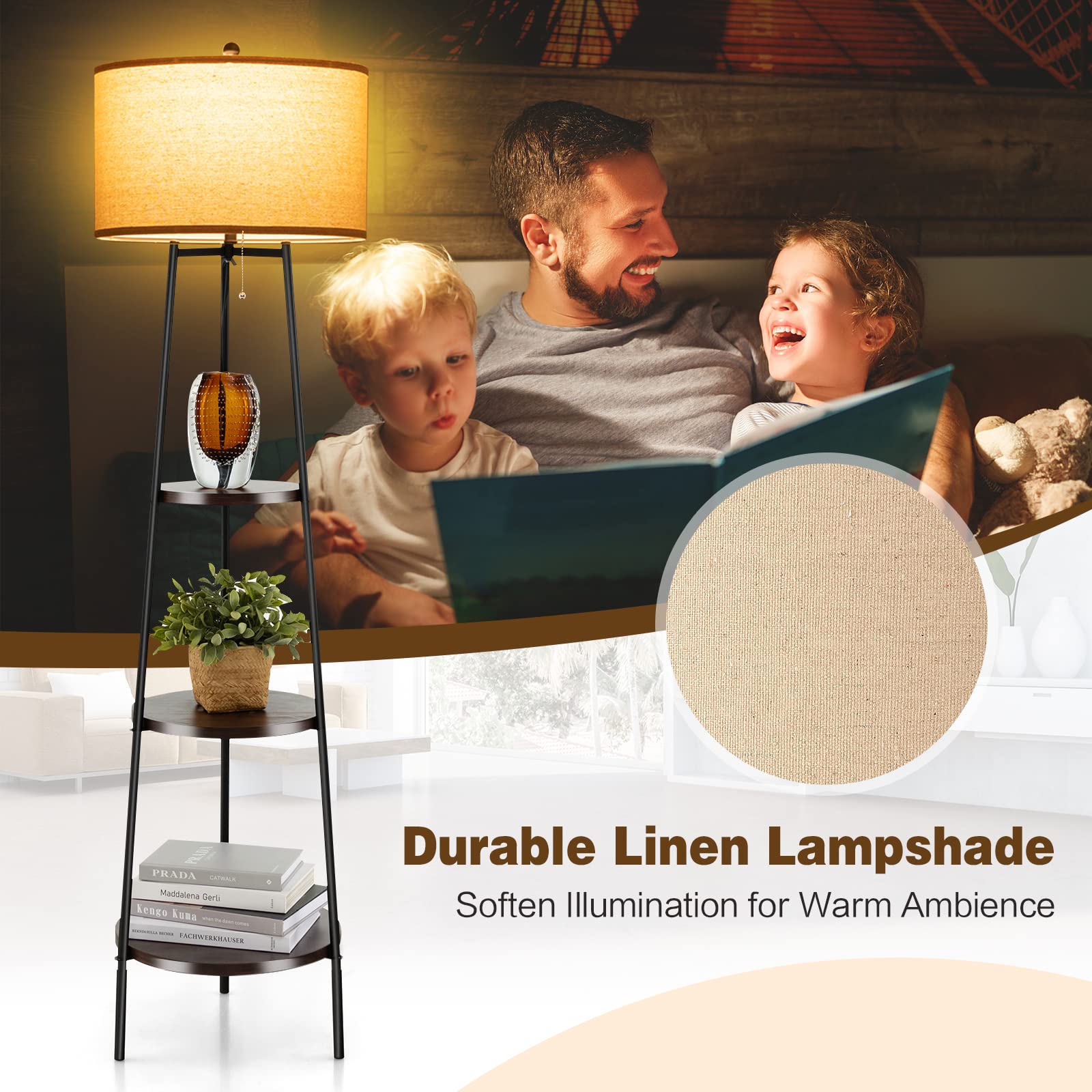 3-Tier Standing Lamp With Drawer For Living Room, Bedroom, Office