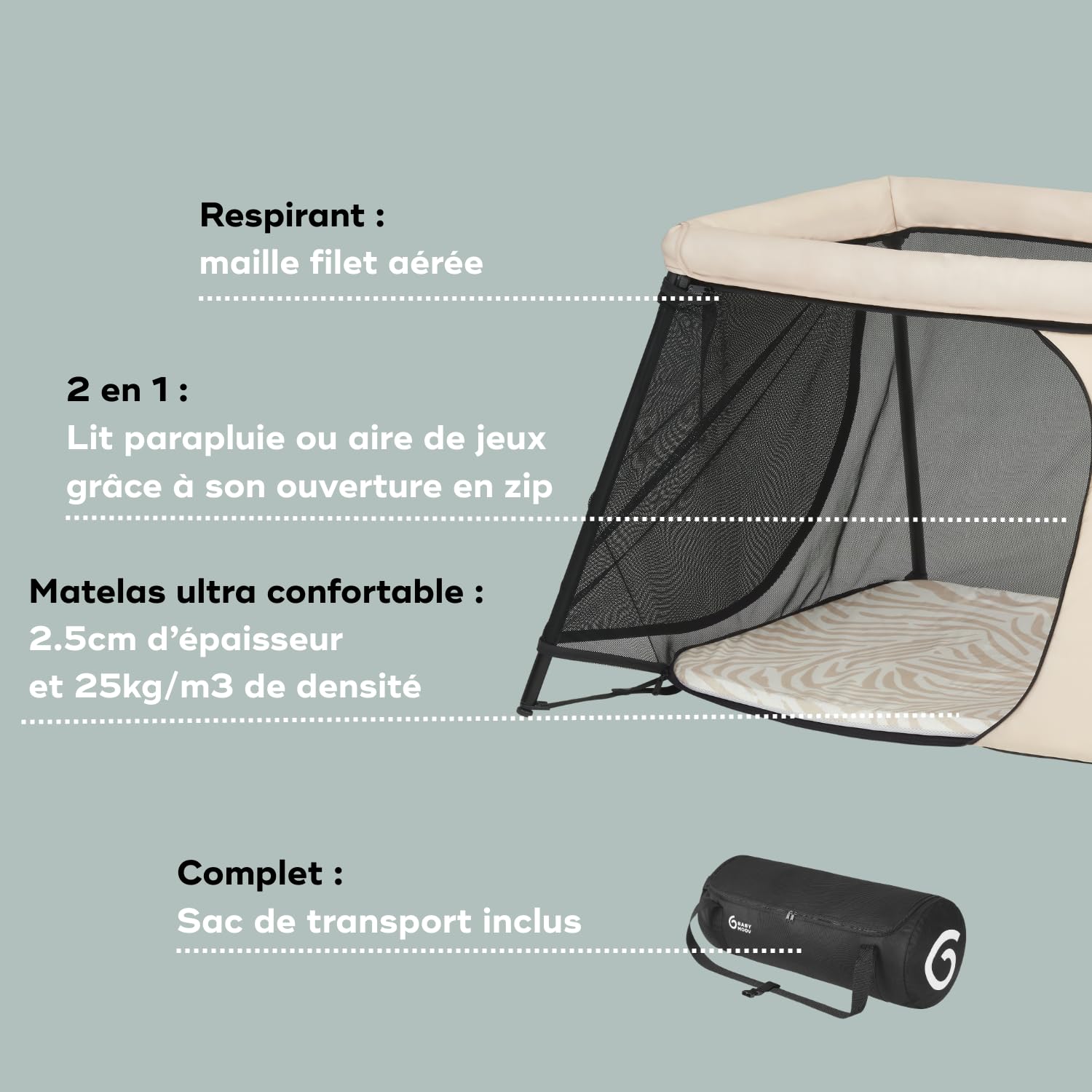 Babymoov Lit parapluie Moov,Sleep-Ultra Compact et Leger(<5kg)-Montage et Pliage rapide-Dès la Naissance et jusqu'à 4 ans-Evolutif en Aire de jeux-Confortable(densité matelas de 25kg/ms)-Garanti à vie