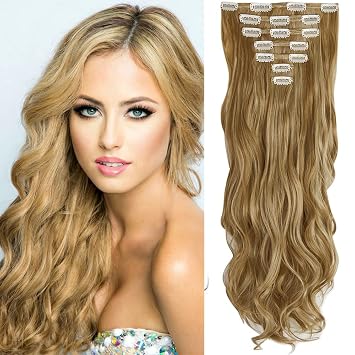 OMGREAT 24 Inch Clip in Hair Extensions Wavy Curly Full Head Synthetic Hair Extensions Hair pieces for Women Girls 7 PCS 160G/Set Medium Brown