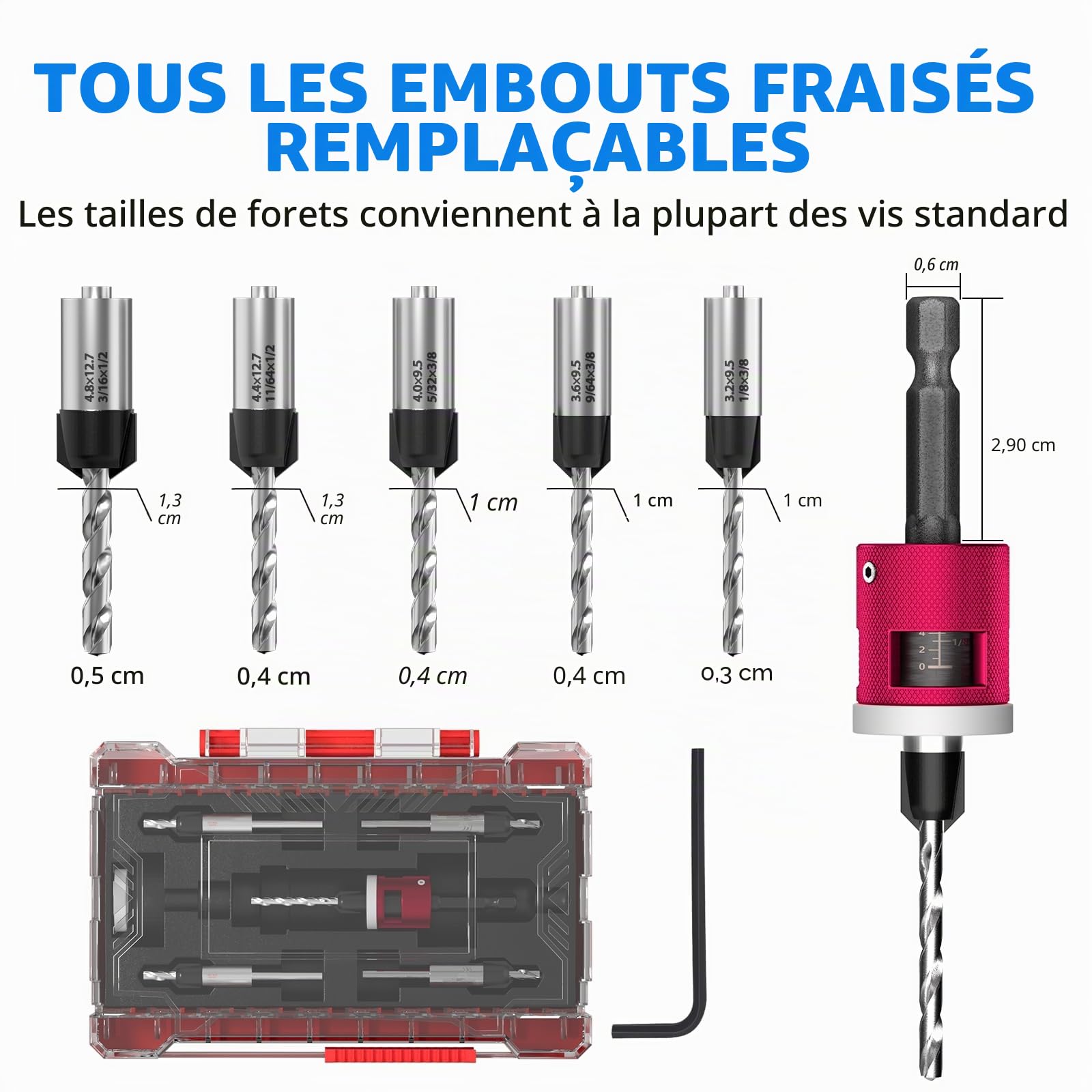 BURMONG Lot de 5 Foret Fraise avec Butée de Profondeur, Foret Fraisoir a Bois avec Tige Hexagonale 1/4", Alésage Précis Parfaits pour le Bois et Travaux de Menuiserie