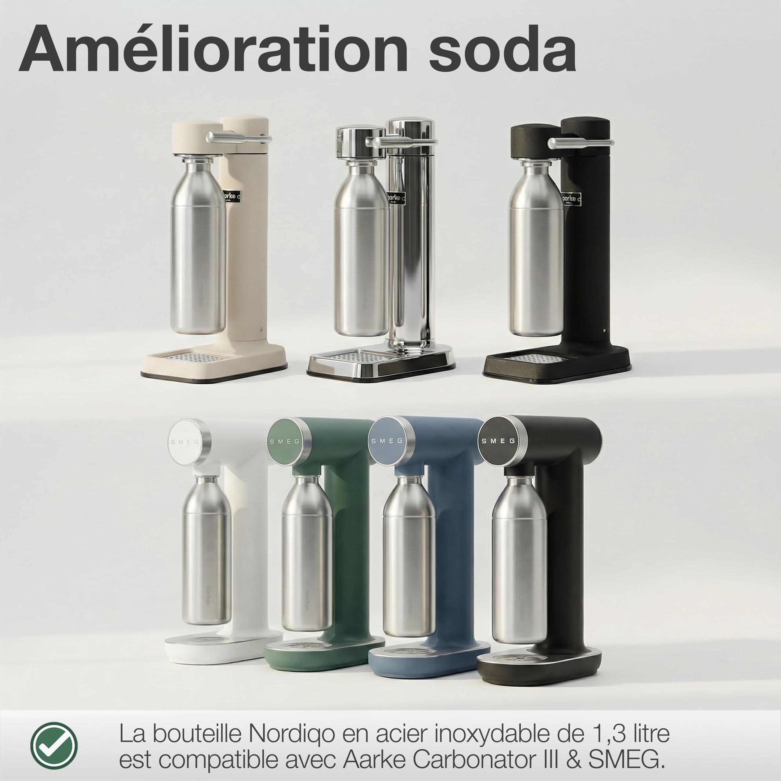 1300ml Bouteille en Acier Inoxydable pour Aarke Carbonator 3 & SMEG (Non Pro) - Étanche, Sans Plastique - Sans Date Limite, Lignes de Remplissage Intérieur & Extérieur - 2 x Acier