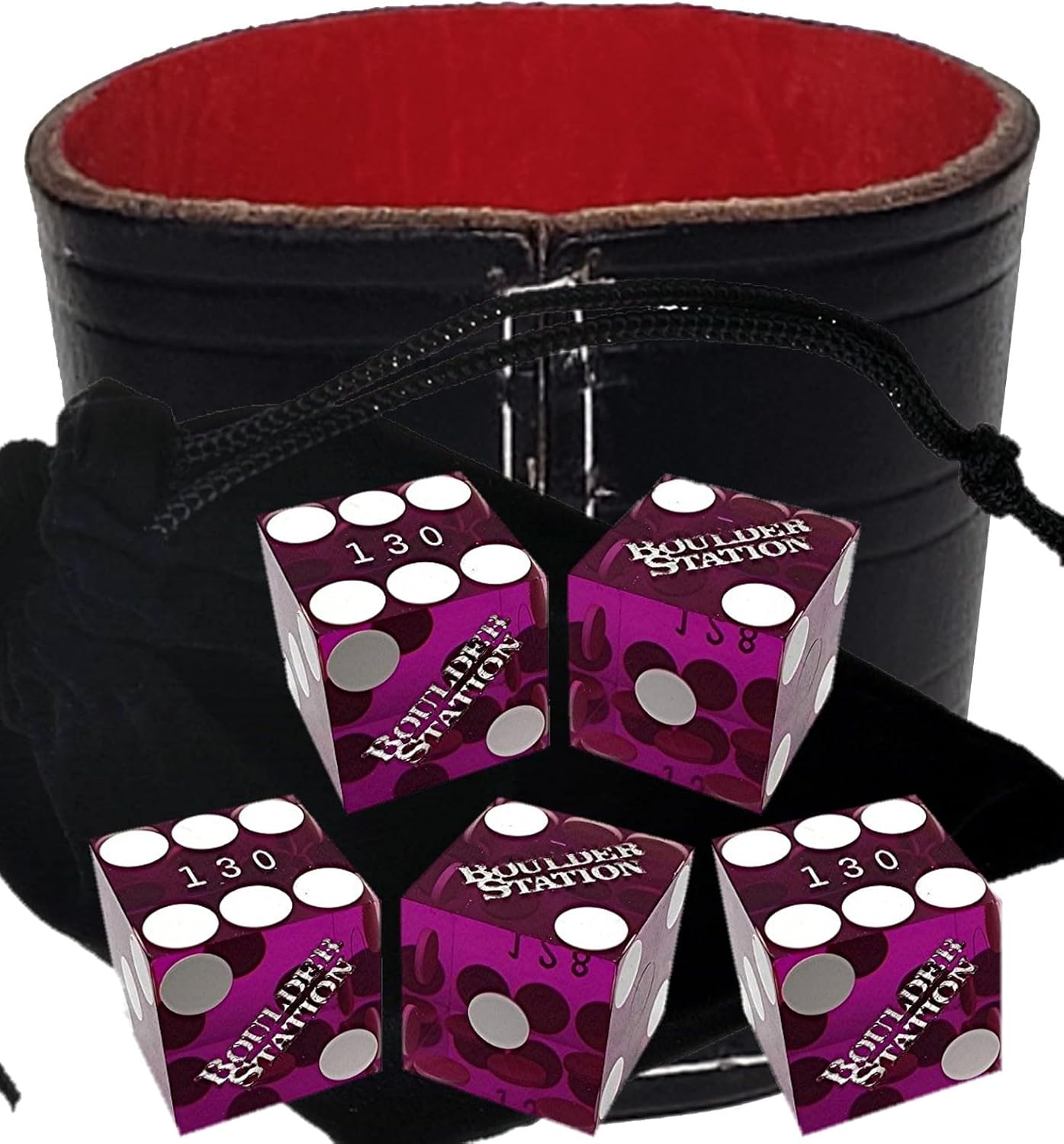 Authentic Casino Dice w/Pouch + Genuine Leather Cup Wide Opening (Red Felt Lining, Las Vegas Boulder Station Purple Polished)