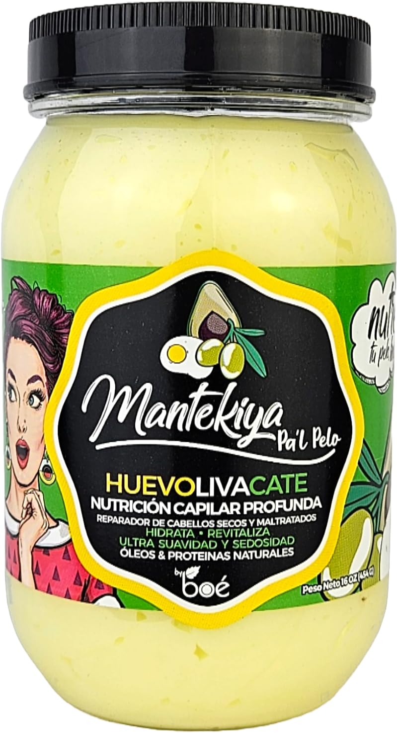 Mantekiya Pa'l Pelo Mantequilla para el cabello, 16 onzas, nutrición profunda para cabello seco y dañado, aceites de huevo, oliva y aguacate, ultra suavidad y reparación