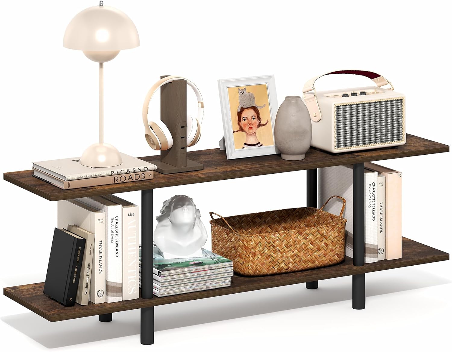 Furinno Turn-N-Tube Storage Shelves, 2-Tier 47.2" Book Shelf, Accent Display Shelf, Toolless Open Shelves, Round Tubes, for Organization and Storage, Living Room, Garage, Home Office, Amber Pine