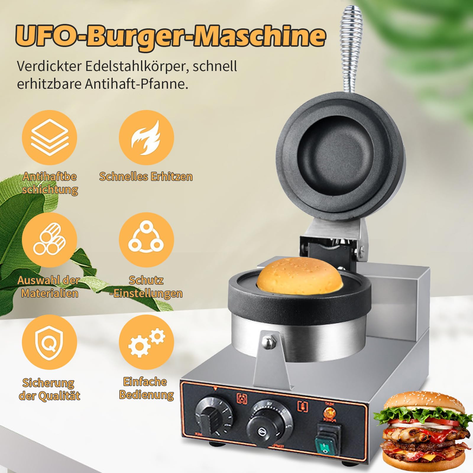 Elektrische UFO-Burger-Presse, kommerzielle Eisburger-Maschine für den Haushalt, 50-300 ℃ Antihaft-Pfanne, beidseitige Heizung, Effizient und leicht zu reinigen