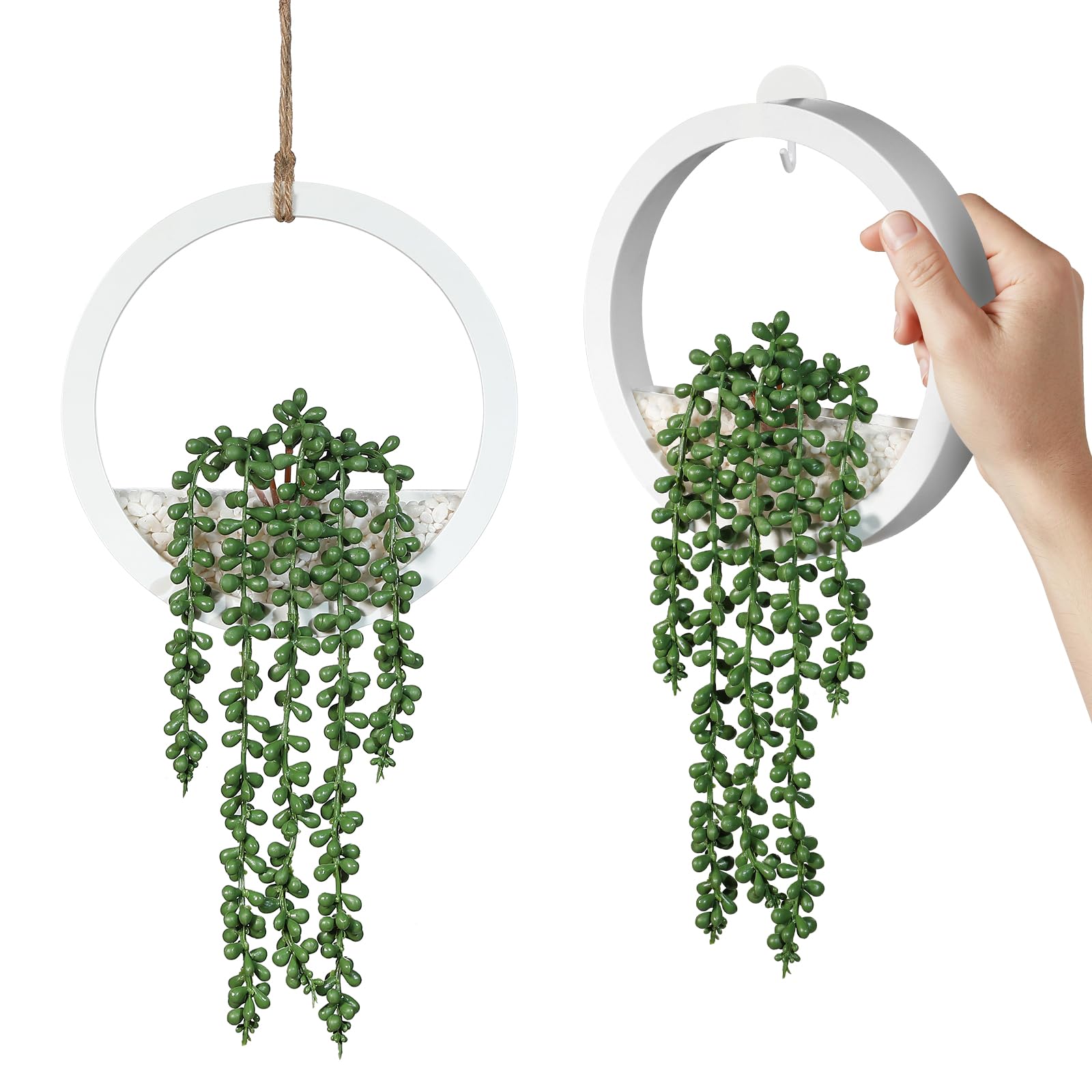 Hobyhoon Hanging Plant Artificial Succulents Fake String of Pearls Plants 12.2'' in Plastic Pot for Indoor Outdoor Wall Decor