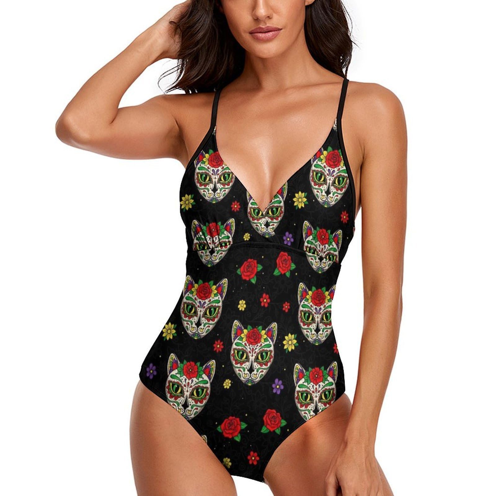 Women's One Piece Bathing Suit, Deep V Neck Crisscross Back Tie, Slim Fit Swimsuit for Pool Party