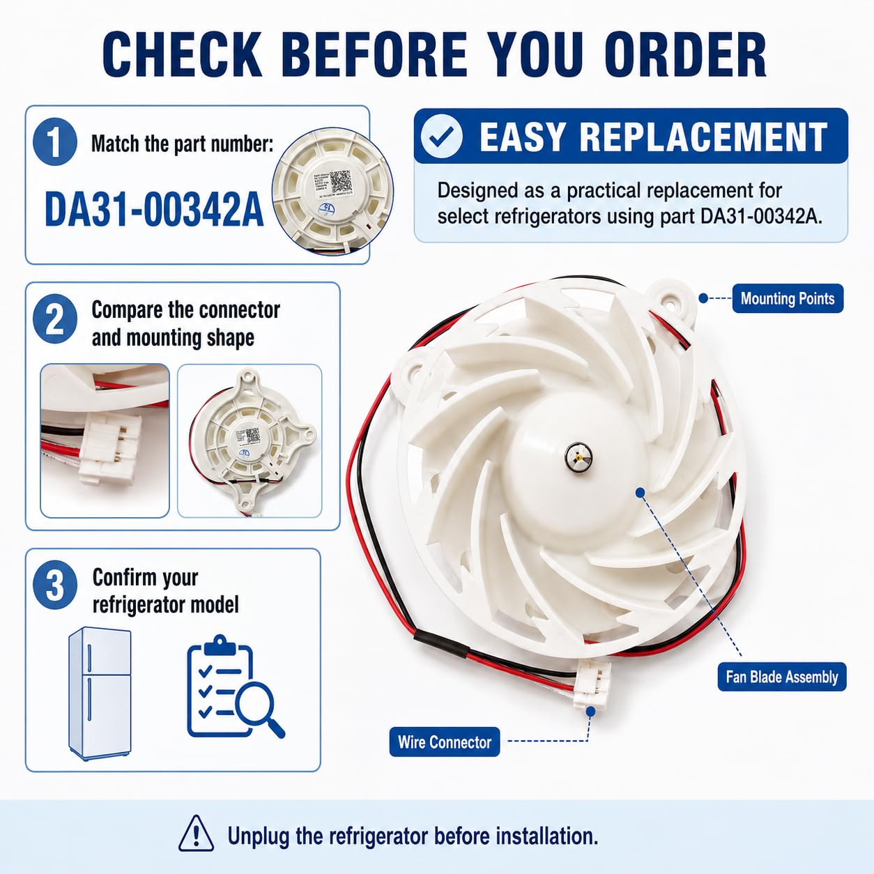 DA31-00342A Refrigerator Evaporator Fan Motor Replacement for Samsung Refrigerator, Replaces EAP12590899,4982090, ARES2130RA, AP6803165, PS12590899