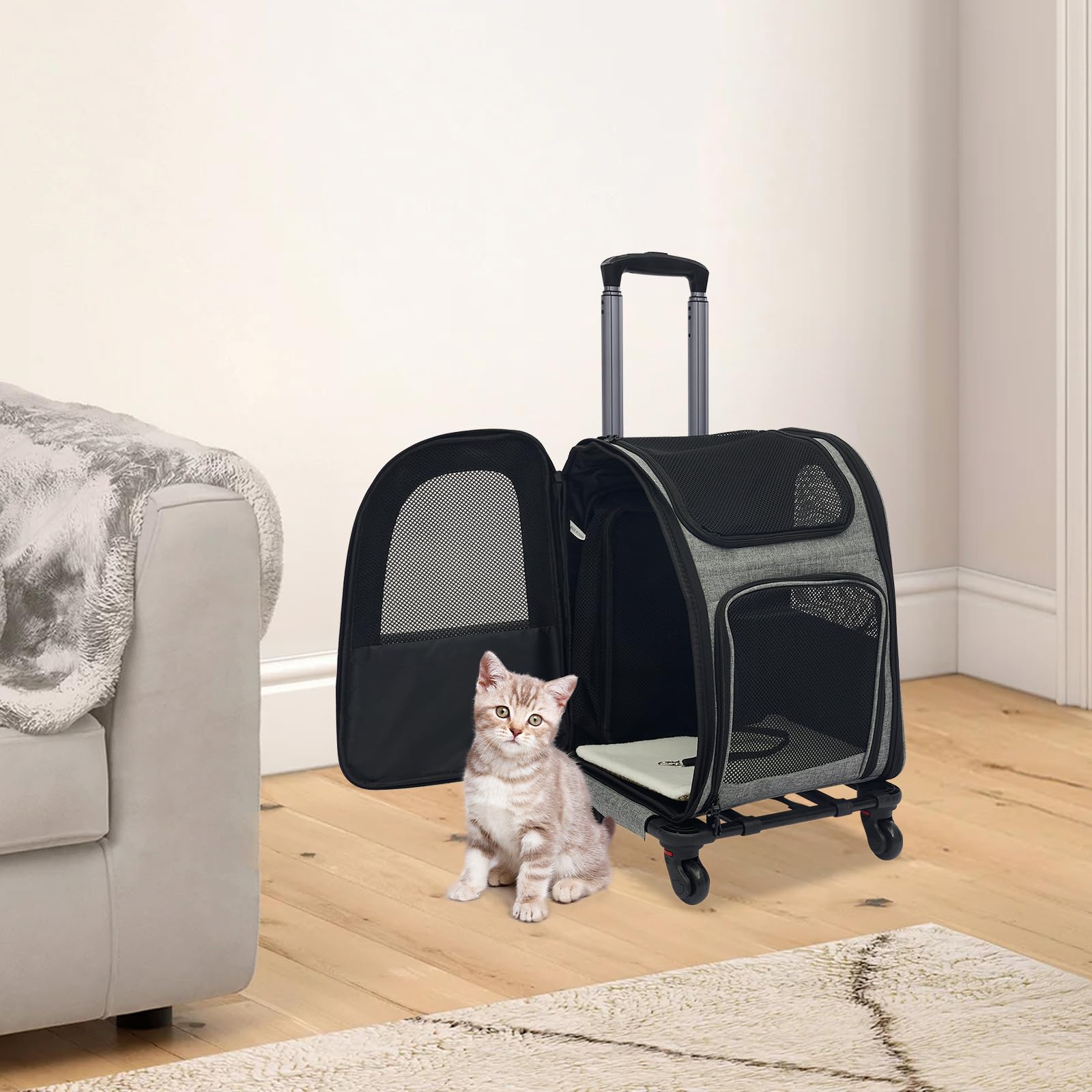 Transportbox Katze mit Rollen, Hundetransportbox,Katzenrucksack mit Trolley, 2 in 1 Transportboxen für große Katze und kleine Hunde mit atmungsaktivem Mesh,Haustier Rucksack bis 15 kg (Grau)