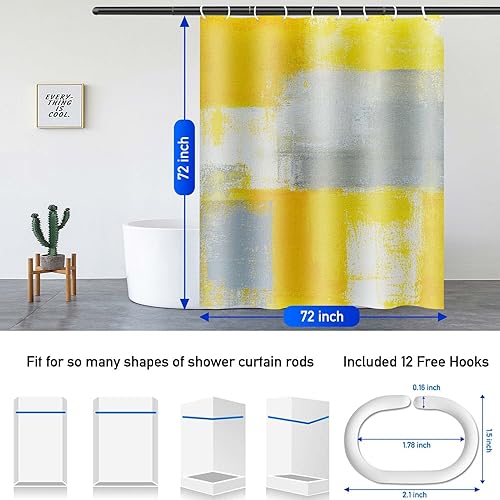 Miniatura 3 de Lnond Cortina de ducha amarilla para baño, juego de cortinas de baño abstractas degradadas con 12 ganchos, arte amarillo y gris, decoración de baño,