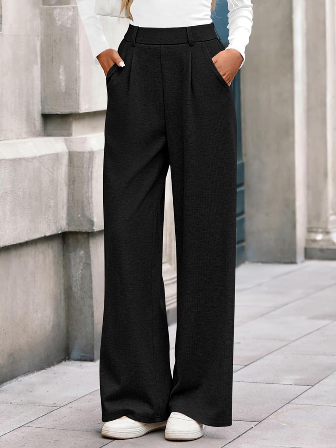 BTFBM Wide Leg Pants for Women Dressy Work Business Casual Elastic High Waisted Trousers Ribbed Lounge Palazzo Pants - Image 4