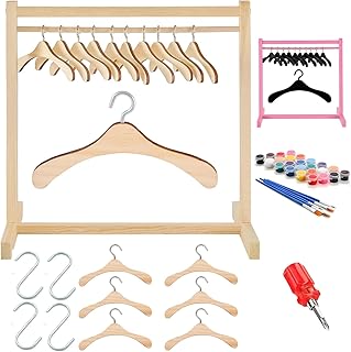 16 Pcs Doll Garment Rack with Wooden Clothes Hanger and Painting Set for 18 Inch Girl Doll Clothes Mini Hangers Wardrobe Furniture Accessories for Dollhouse Baby Shower Supplies (Wood)